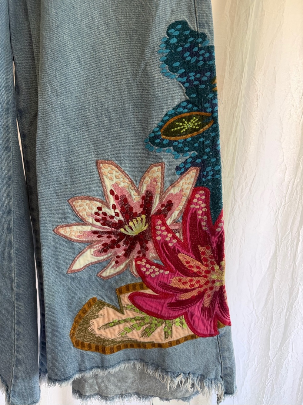 Farm Rio Wide Leg Embroidered Floral Denim Jeans - Picture 4 of 6